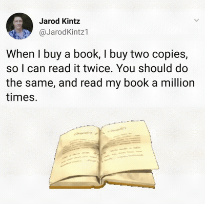 A Tweet By Jarod Kintz Shows An Open Book And A Quote GIF
