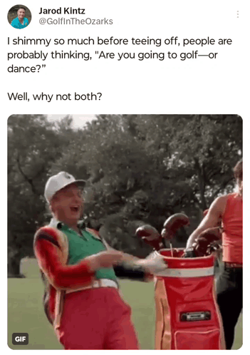 A Tweet From Jarod Kintz Shows A Man Holding A Golf Bag Full Of Clubs GIF