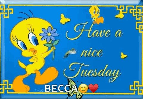 A Tweety Bird Is Holding A Flower And A Hummingbird On A Blue Background . GIF