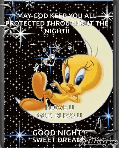 A Tweety Bird Is Sitting On A Crescent Moon With A Heart In Its Mouth . GIF