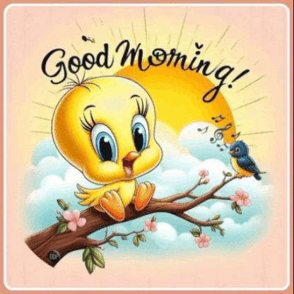 A Tweety Bird Is Sitting On A Tree Branch With A Smaller Bird Nearby GIF