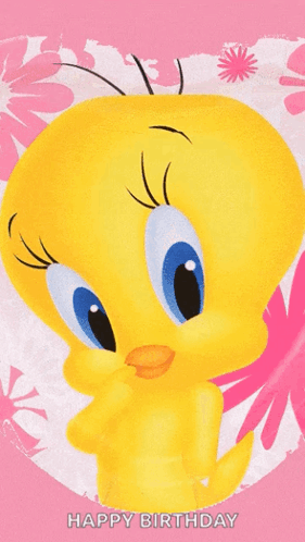 A Tweety Bird On A Pink Background With The Words Happy Birthday Below It GIF