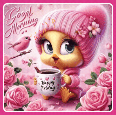 A Tweety Chick Is Holding A Cup Of Coffee With The Words Happy Friday On It GIF