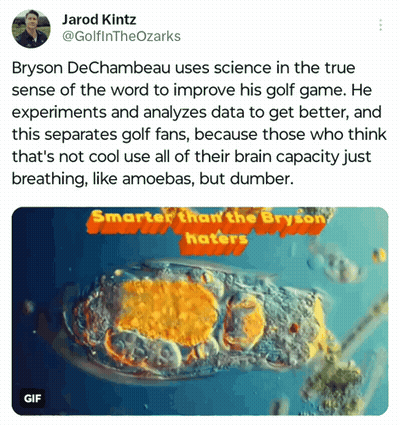 A Twitter Post About Bryson Dechambeau Using Science In The True Sense Of The Word To Improve His Golf Game GIF