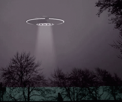 A Ufo Is Flying Over A Dark Forest GIF