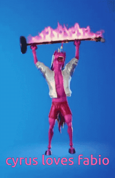 A Unicorn Holding A Hammer Over His Head With The Words Cyrus Loves Fabio GIF