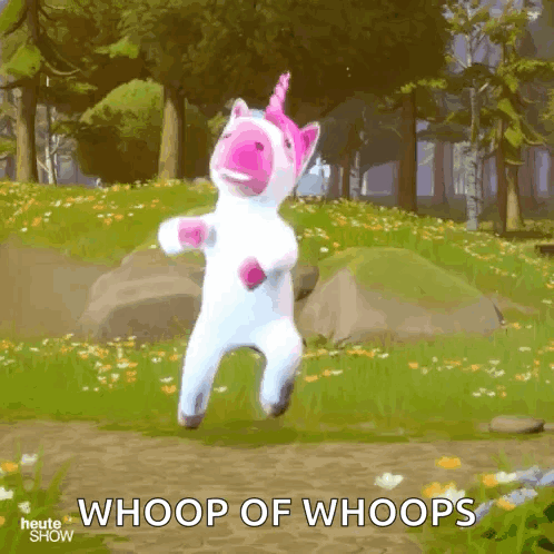 A Unicorn Is Running In A Field With The Words " Whoop Of Whoops " Behind It GIF