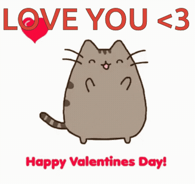 A Valentine 'S Day Card With A Cat And The Words " Love You < 3 " GIF