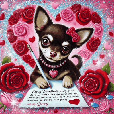 A Valentine 'S Day Card With A Chihuahua Writing A Letter GIF