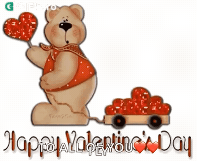 A Valentine 'S Day Card With A Teddy Bear Holding A Heart And A Train Of Hearts GIF