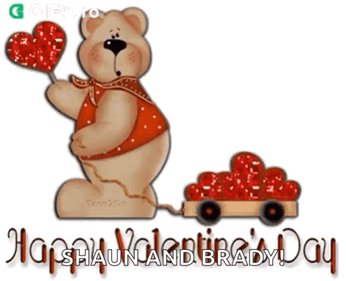 A Valentine 'S Day Card With A Teddy Bear Holding A Heart And A Wagon Full Of Hearts GIF