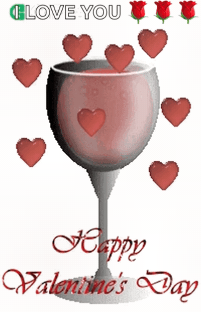 A Valentine 'S Day Card With A Wine Glass Surrounded By Hearts And Roses GIF