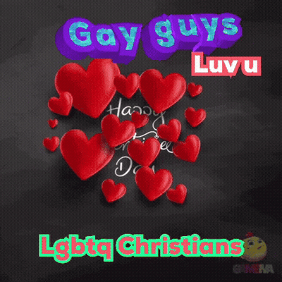 A Valentine 'S Day Card With Red Hearts And The Words Gay Guys Luvu GIF