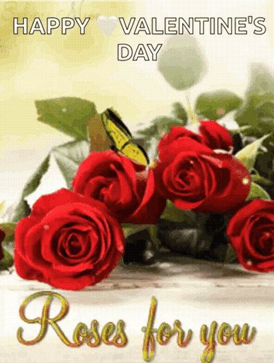 A Valentine 'S Day Card With Red Roses And A Yellow Butterfly GIF