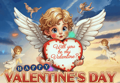 A Valentine 'S Day Greeting Card With A Cupid Holding A Heart That Says Will You Be My Valentine GIF