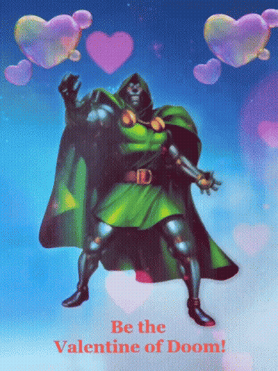 A Valentine 'S Day Greeting Card With A Superhero And The Words Be The Valentine Of Doom GIF