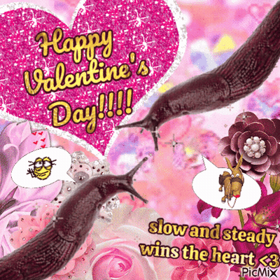 A Valentine 'S Day Greeting Card With Two Slugs And Flowers GIF