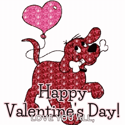 A Valentine 'S Day Greeting With A Red Dog Holding A Pink Heart Shaped Balloon GIF