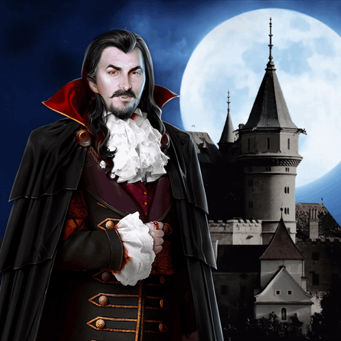 A Vampire Is Standing In Front Of A Castle With A Full Moon In The Background GIF
