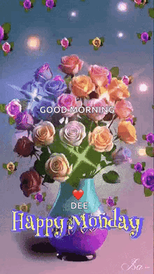 A Vase Filled With Flowers And The Words `` Good Morning Happy Monday '' GIF