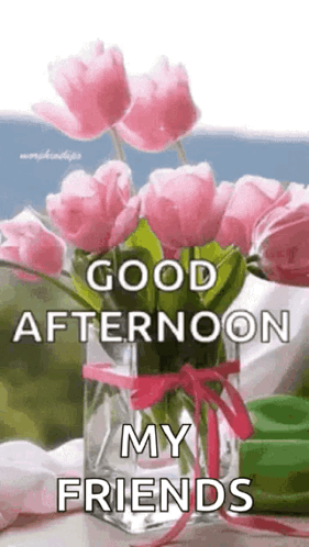 A Vase Filled With Pink Flowers And The Words `` Good Afternoon My Friends '' GIF