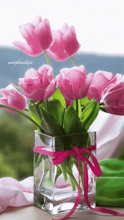A Vase Filled With Pink Flowers Has A Pink Ribbon GIF