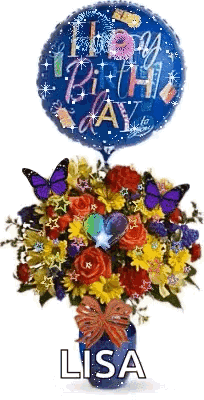 A Vase Of Flowers With A Happy Birthday Balloon And Butterflies . GIF