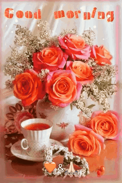 A Vase Of Roses And A Cup Of Tea On A Saucer On A Table . GIF