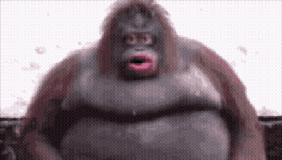 A Very Fat Monkey With Pink Lips Is Standing In Front Of A White Wall . GIF