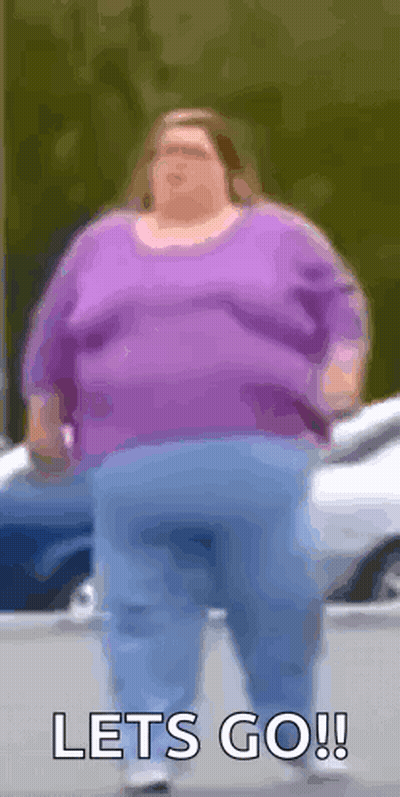 A Very Fat Woman In A Purple Shirt And Blue Jeans Says Let 'S Go !! GIF