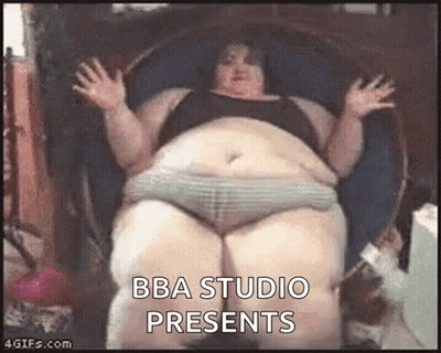 A Very Fat Woman Is Sitting In A Chair With Her Arms Outstretched And The Words `` Bba Studio Presents '' . GIF