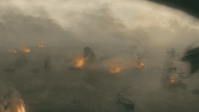 A Very Foggy Scene With Ships On Fire In The Water GIF