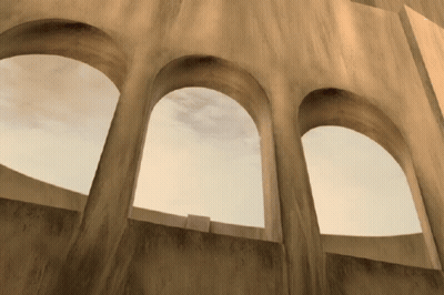 A Very Old Building With Arches And A Sky In The Background GIF