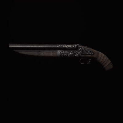 A Very Ornate Gun With A Black Background Has A Red Bullet GIF