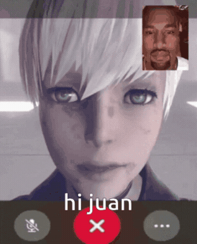 A Video Call Between A Woman And A Man With The Words Hi Juan X GIF