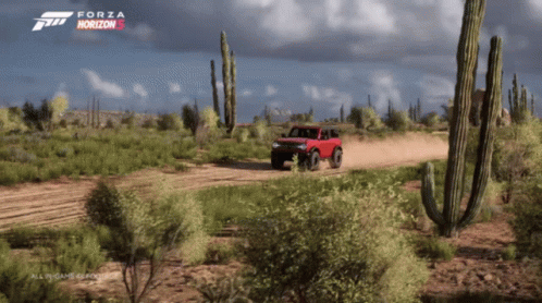 A Video Game Called Forza Horizon 5 Shows A Red Truck Driving Through A Desert GIF