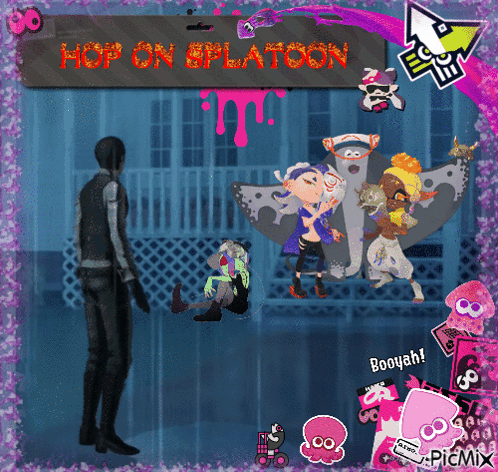 A Video Game Called Hop On Splatoon With A Man Standing In The Middle GIF