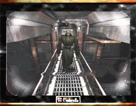 A Video Game Called Umbrella Shows A Man Walking Down A Staircase GIF