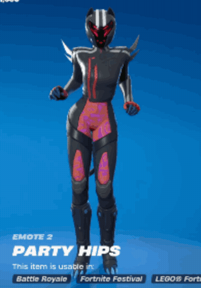 A Video Game Character Called Party Hips Is Displayed On A Blue Background GIF
