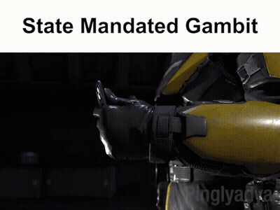 A Video Game Character Holding A Card That Says ' State Mandated Gambit ' GIF