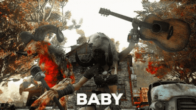 A Video Game Character Holding A Guitar And A Microphone With The Word Baby On The Bottom Right GIF