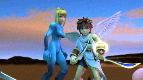 A Video Game Character Holding A Sword Next To Another Character With Wings GIF