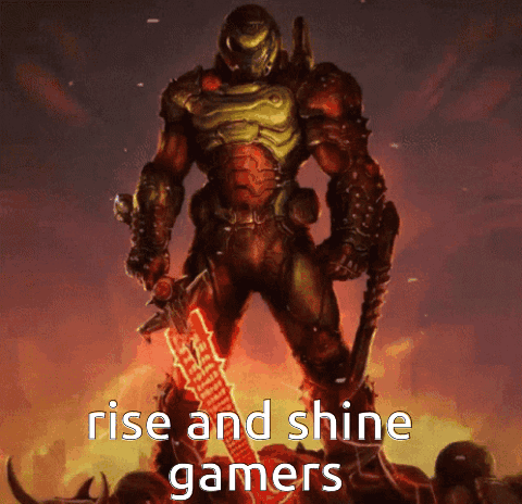 A Video Game Character Holding A Sword With The Words Rise And Shine Gamers Above Him GIF