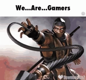A Video Game Character Holding A Whip With The Words We Are Gamers Below Him GIF