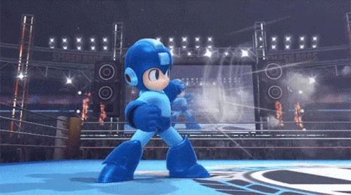 A Video Game Character In A Boxing Ring With A Sign That Says Smash Bros In The Background GIF