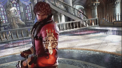 A Video Game Character In A Red Jacket With A Skull On His Arm GIF
