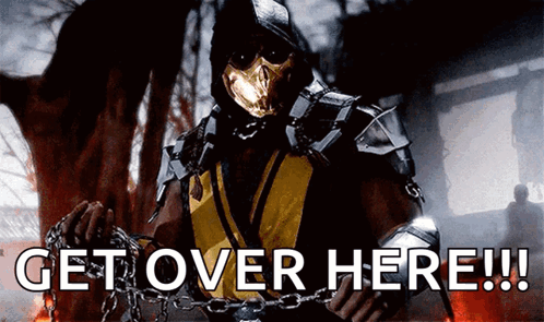 A Video Game Character Is Chained To A Wall And Says Get Over Here GIF