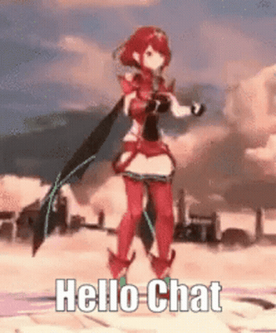 A Video Game Character Is Dancing And Says `` Hello Chat '' While Holding A Sword . GIF