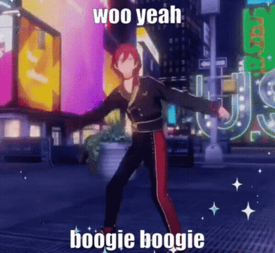 A Video Game Character Is Dancing On A City Street With The Words Woo Yeah Boogie Boogie On The Bottom . GIF