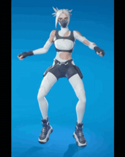 A Video Game Character Is Dancing With Her Arms Outstretched On A Blue Background GIF